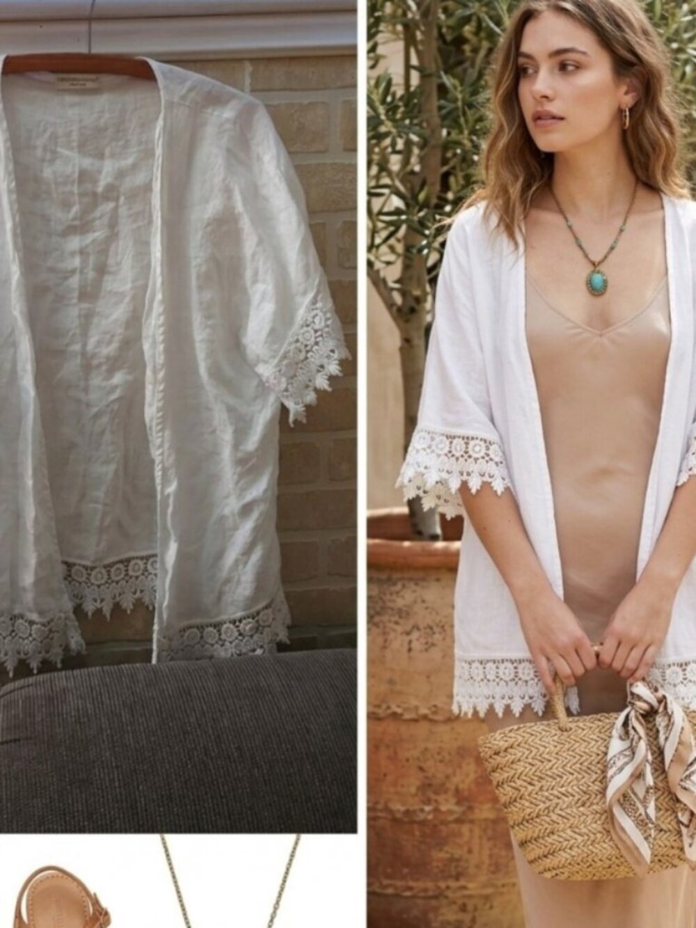Terzo Millennio White 100% Linen open-front Kimono cardigan-One Size